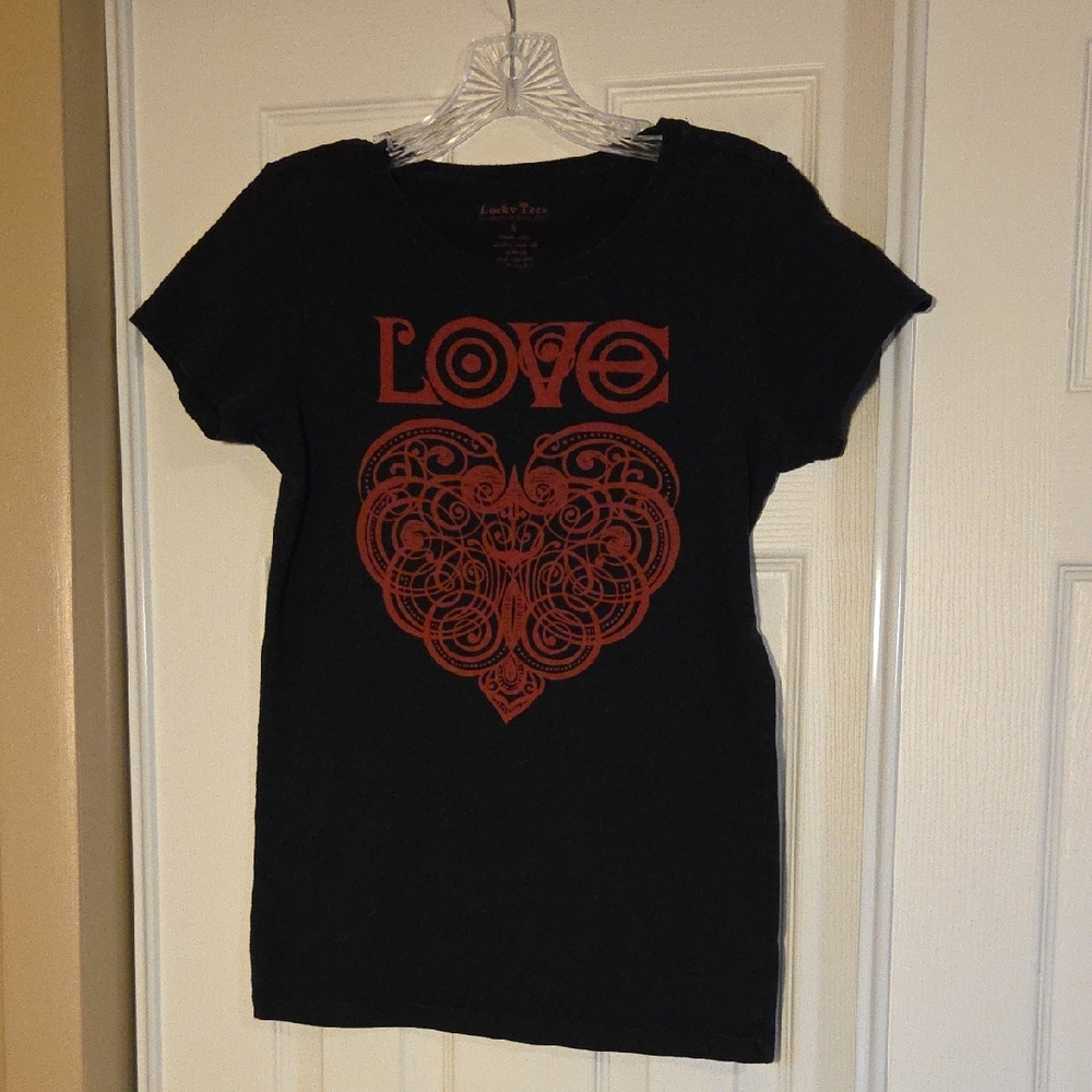 Lucky Brand Black Tee with Red Heart Design Sz S